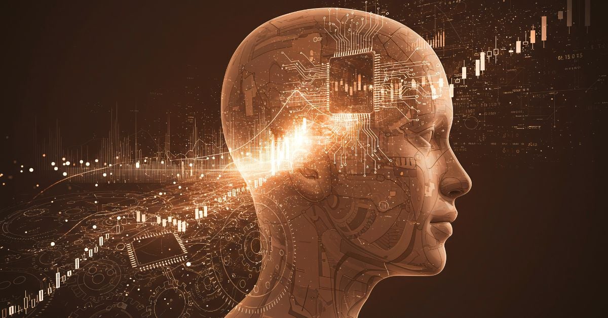 A graphic of a person with tech intertwined.