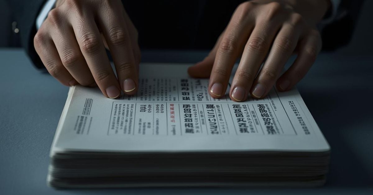 A person's hands on top of foreign documents