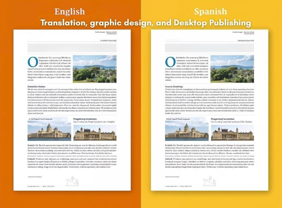 A comparison showing Desktop Publishing between an English and Spanish document