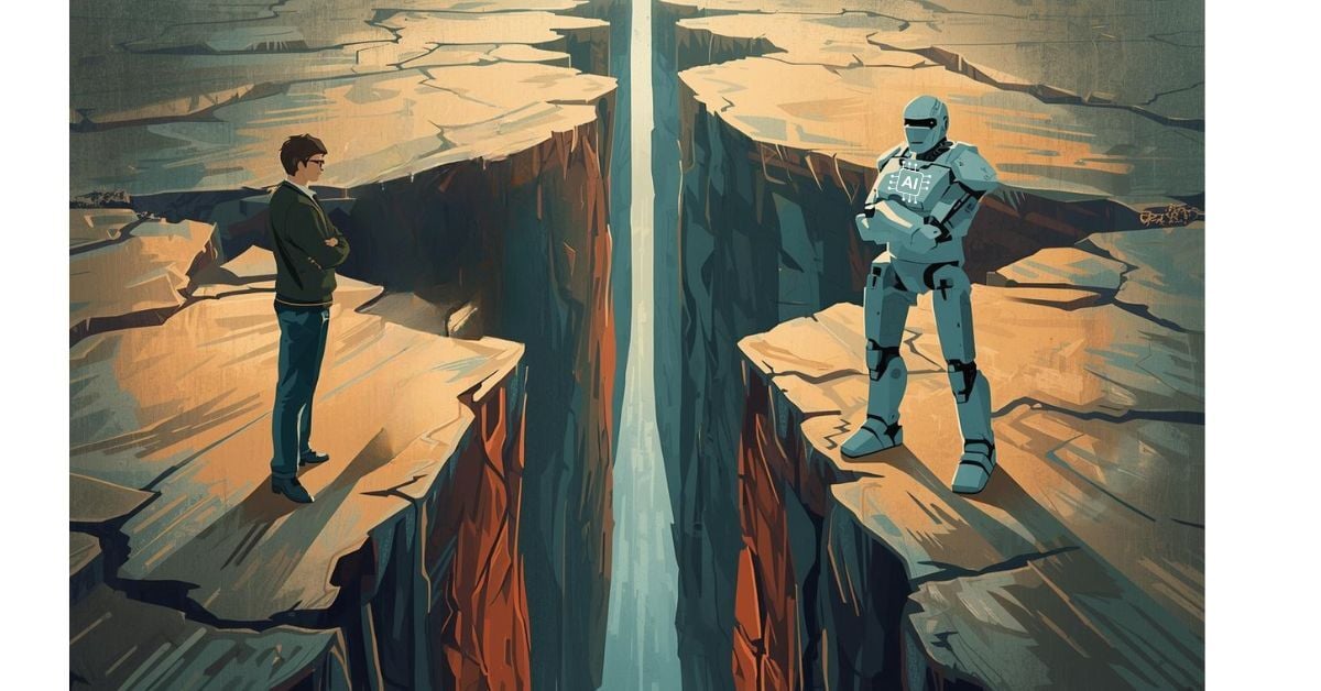A human and AI robot standing on either side of a large crack in the earth.