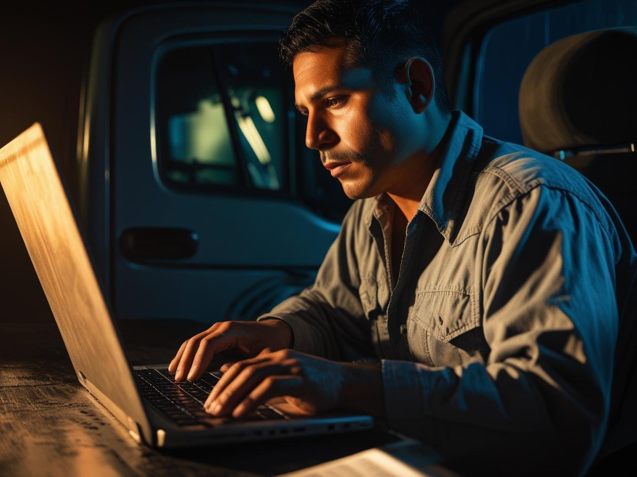A driver taking an online assessment inside of his rig.
