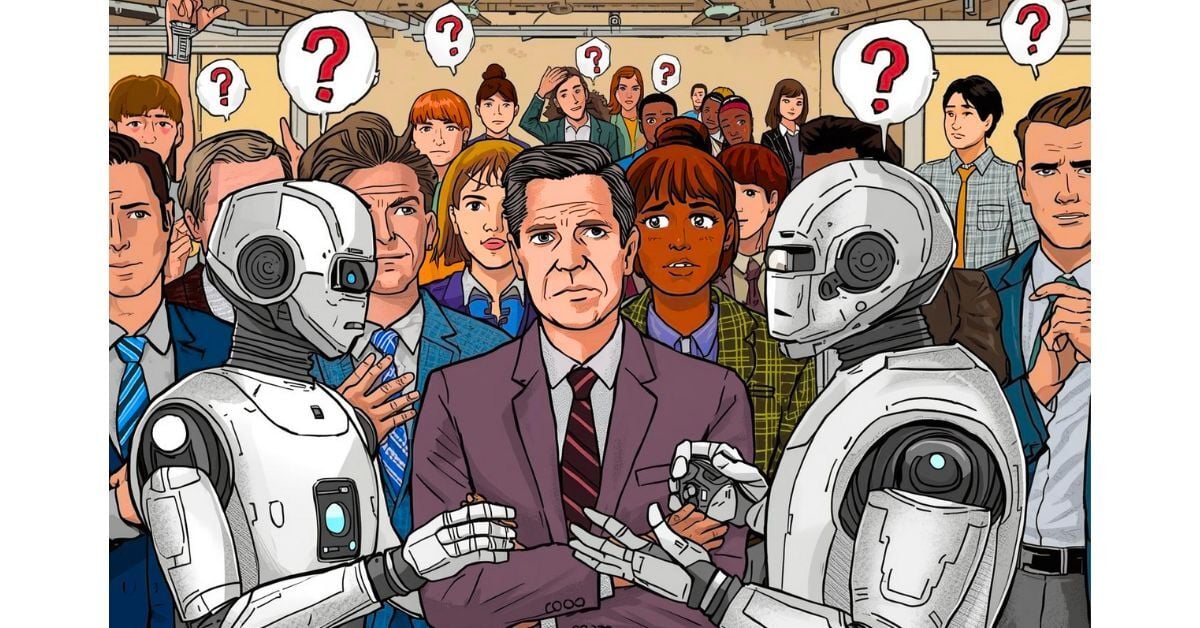 Employees and AI robots standing in a group with question marks above their heads.