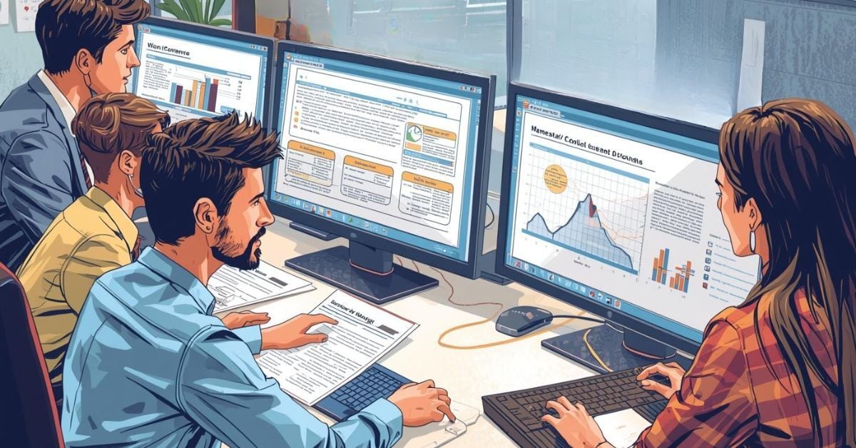 Employees reviewing documents on computers.