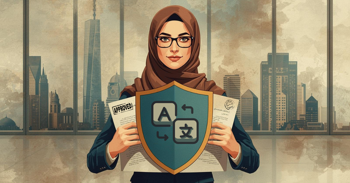 A translator holding up a shield in front of documents.