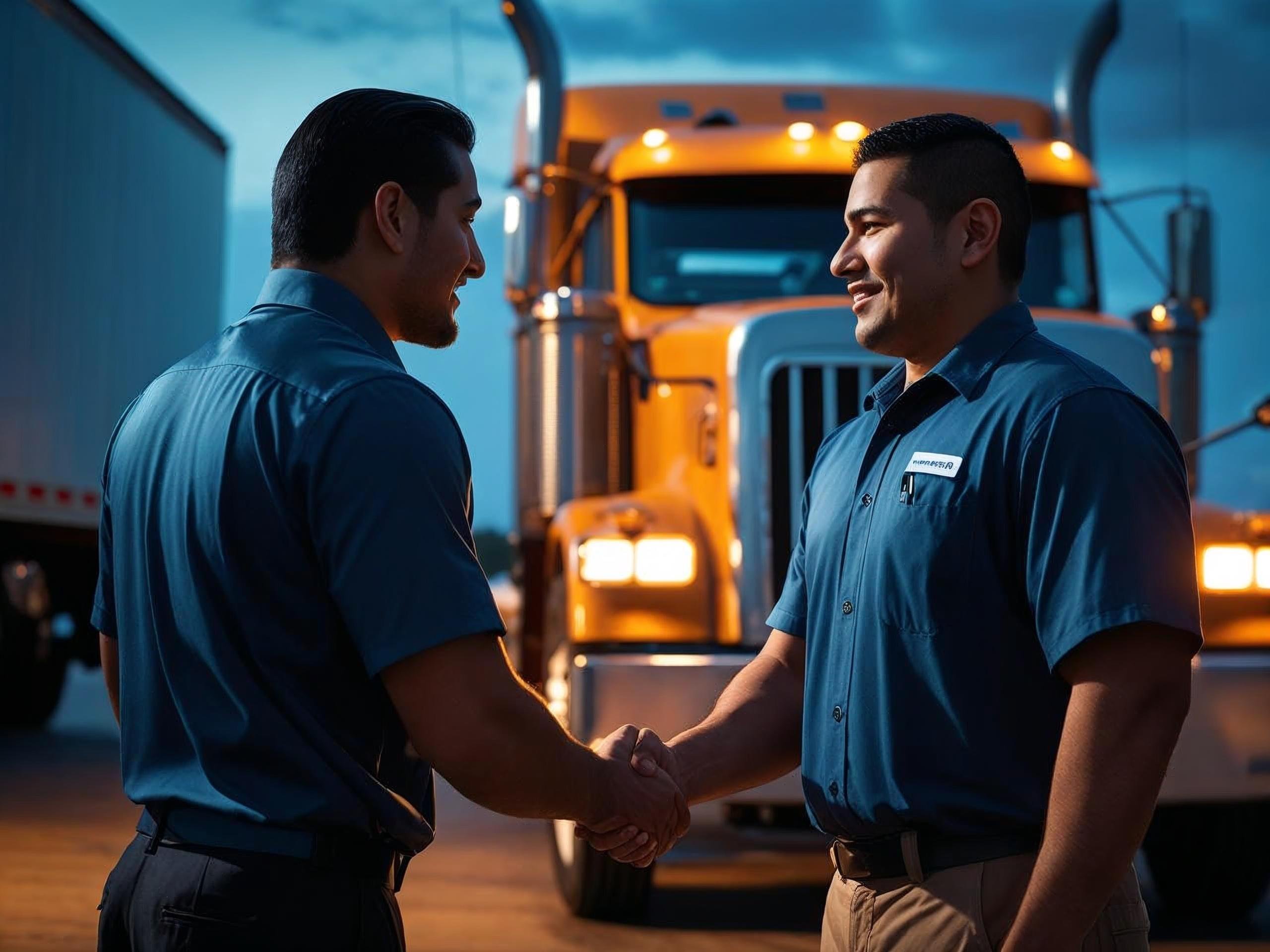 A truck driver being hired with a handshake.